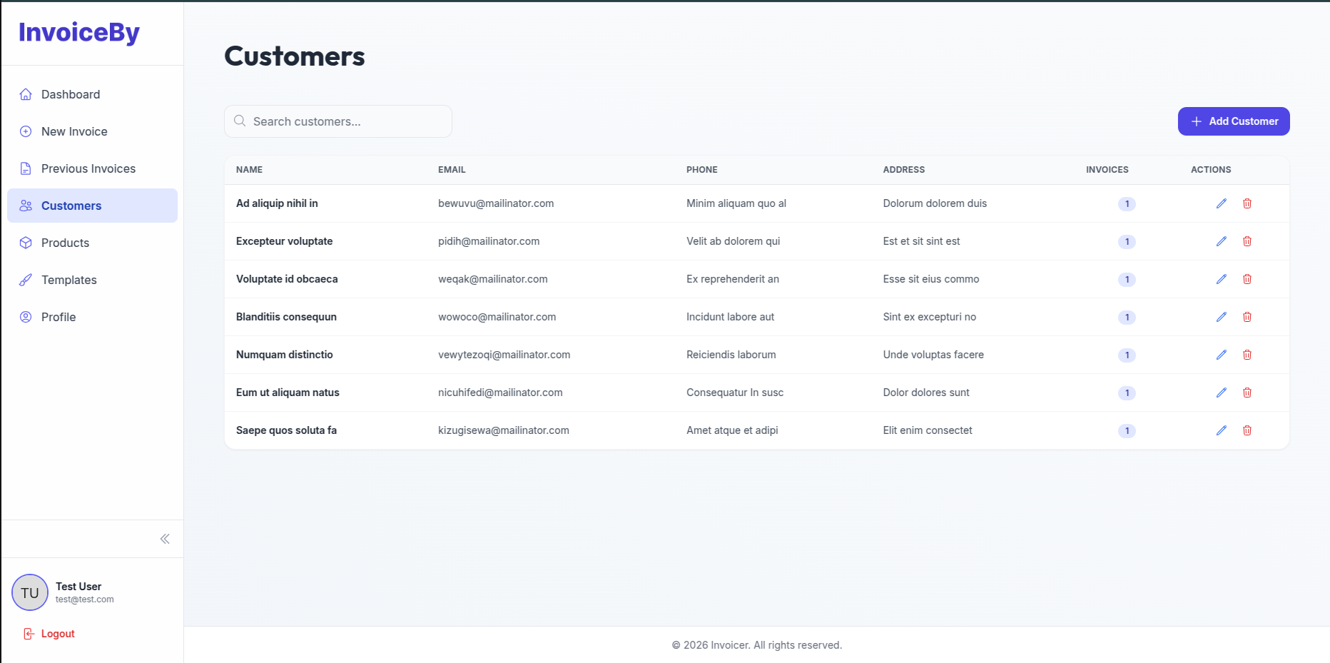 Zeninvo customers page showing client list with name, email, phone, address and invoice count