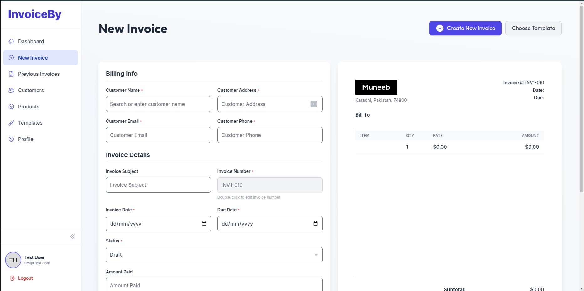 Zeninvo new invoice form with customer info, billing details, and live invoice preview
