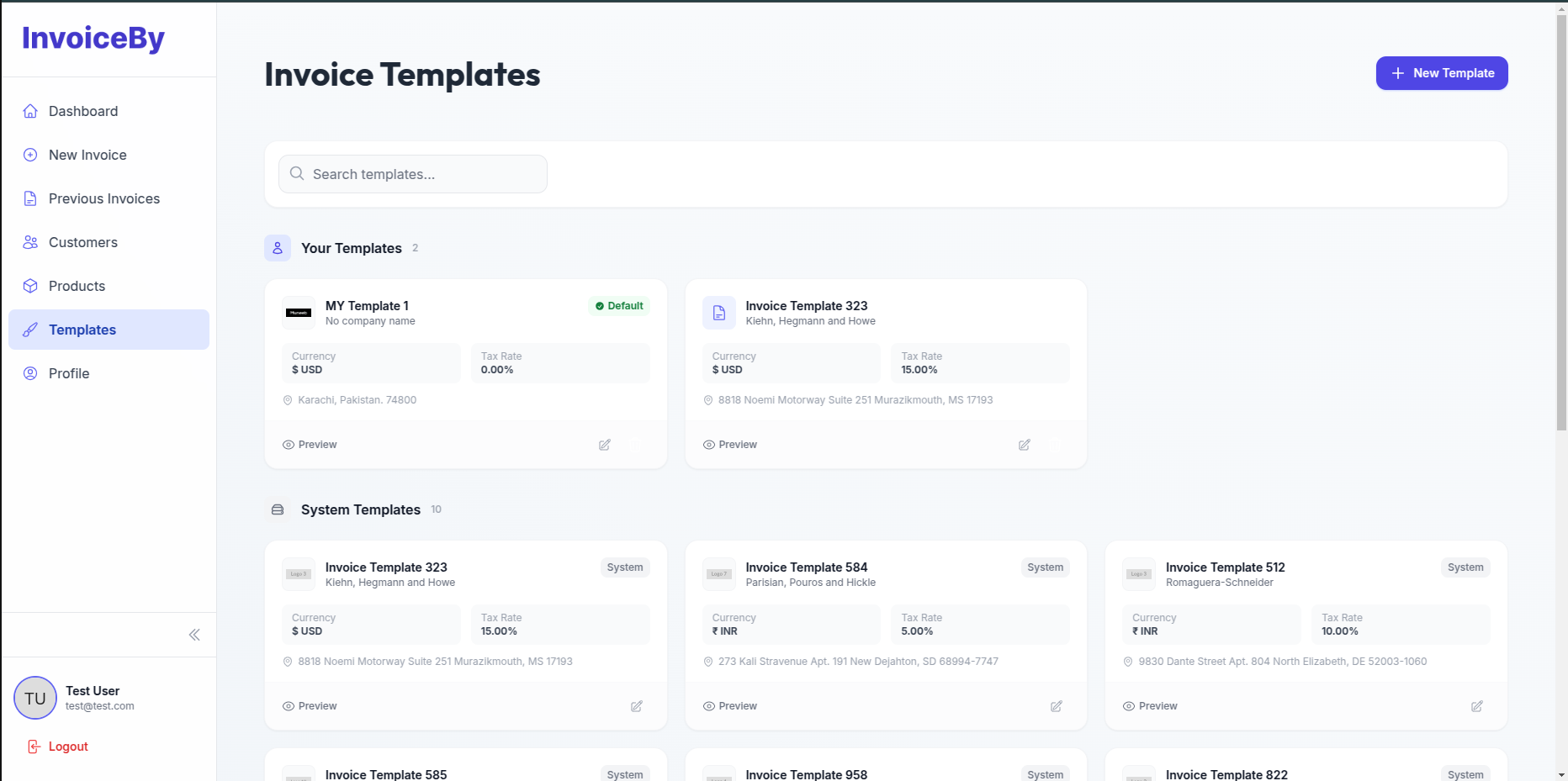 Zeninvo invoice templates page showing custom and system templates with preview option